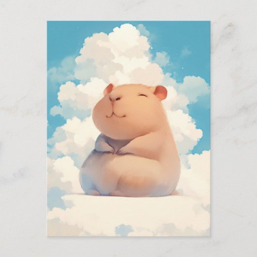 Smiling Capybara Sitting on Soft White Cloud ポストカード (正面)
