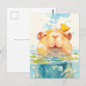 Smiling Capybara Swimming with Small Yellow Bird ポストカード (正面/裏面)