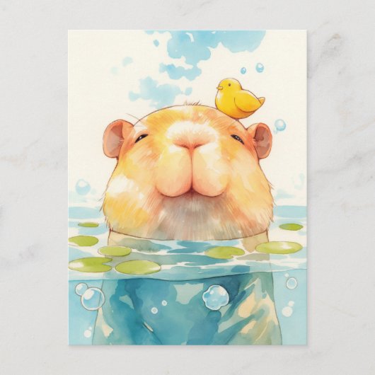 Smiling Capybara Swimming with Small Yellow Bird ポストカード (正面)