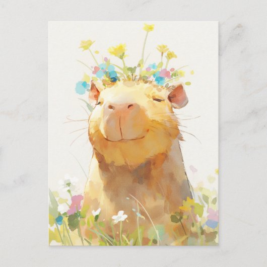 Smiling Capybara with Wildflower Crown Garden ポストカード (正面)