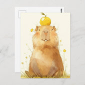 Smiling Capybara with Yuzu Fruit on Head ポストカード (正面/裏面)