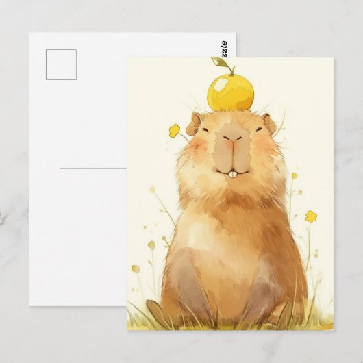 Smiling Capybara with Yuzu Fruit on Head ポストカード (正面/裏面)