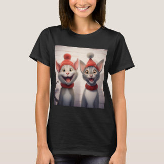 Smiling Cartoon Cats With Red Hats And Collars Tシャツ