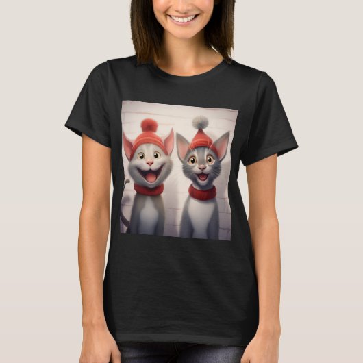 Smiling Cartoon Cats With Red Hats And Collars Tシャツ (正面)