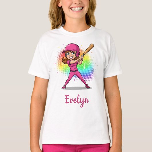 Smiling Cartoon Girl Baseball Player in Pink Tシャツ (正面)