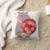 Smiling cartoon hippo holding a huge bouquet  クッション (ブランケット)