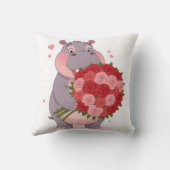 Smiling cartoon hippo holding a huge bouquet  クッション (裏面)
