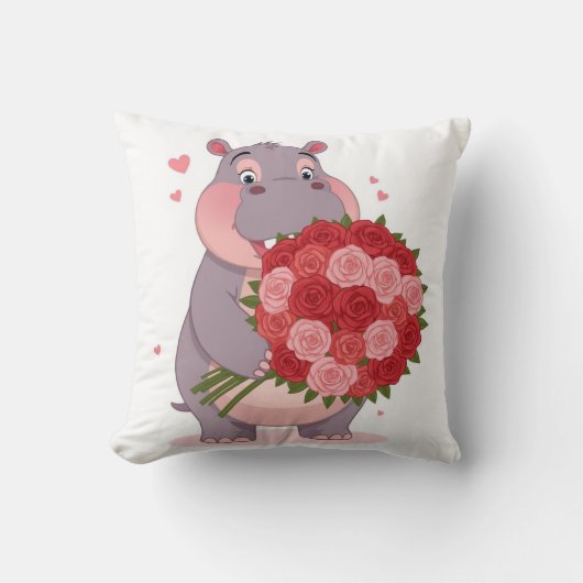 Smiling cartoon hippo holding a huge bouquet  クッション (正面)