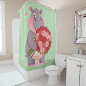 Smiling cartoon hippo holding a huge bouquet  シャワーカーテン (インサイチュ)