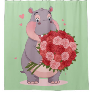 Smiling cartoon hippo holding a huge bouquet  シャワーカーテン