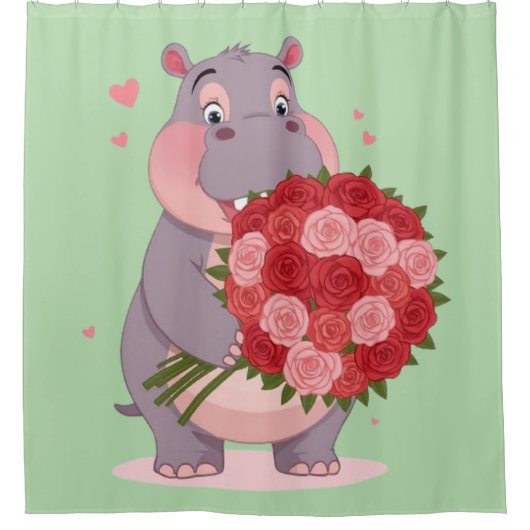 Smiling cartoon hippo holding a huge bouquet  シャワーカーテン (正面)
