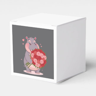 Smiling cartoon hippo holding a huge bouquet フェイバーボックス