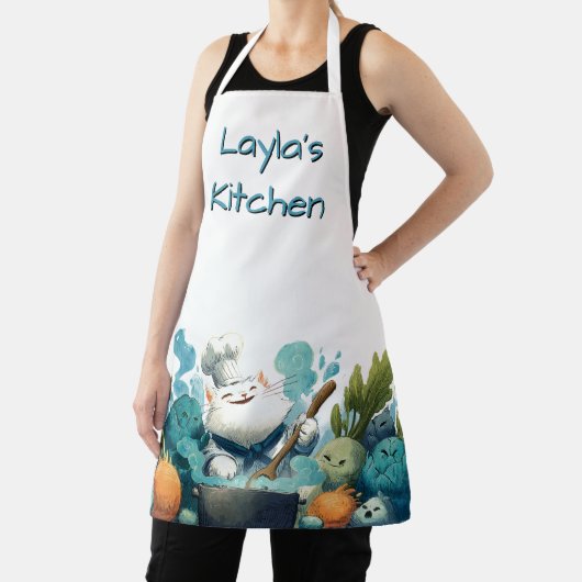 Smiling Cat Chef Cooking with Animated Vegetables エプロン (インサイチュ)