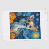 smiling chihuahua dog starry night by Van Gogh fin ゴルフタオル (横)