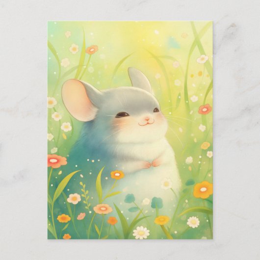 Smiling Chinchilla in Sunny Wildflower Meadow ポストカード (正面)