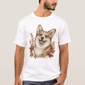 Smiling Corgi with Autumn Maple Leaves Tシャツ (正面)