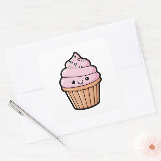 Smiling Cupcake – Cute Kawaii Illustration スクエアシール (封筒)