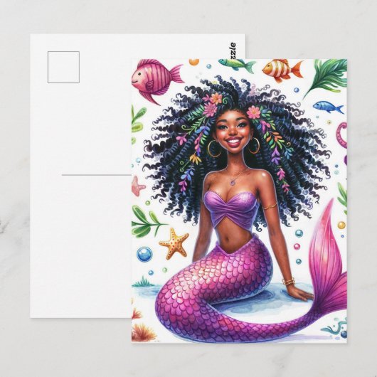 Smiling Dark-Skinned Mermaid With Pink Tail ポストカード (正面/裏面)