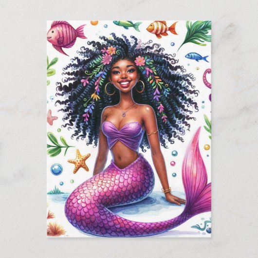 Smiling Dark-Skinned Mermaid With Pink Tail ポストカード (正面)