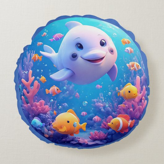 🌊 Smiling Dolphin in Bright Blue Waves 🐬✨ ラウンドクッション (正面)