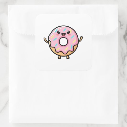 Smiling Donut – Cute Kawaii Illustration スクエアシール (バッグ)