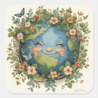Smiling Earth Clipart – 花に囲まれた幸せな地球 スクエアシール