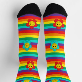 Smiling Emoji Daisies on Rainbow Stripes ソックス
