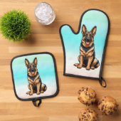 Smiling German Shepherd Dog 鍋つかみ&鍋敷きセット (トップダウン)