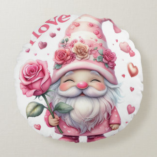 Smiling Gnome Holding a Pink Rose  ラウンドクッション