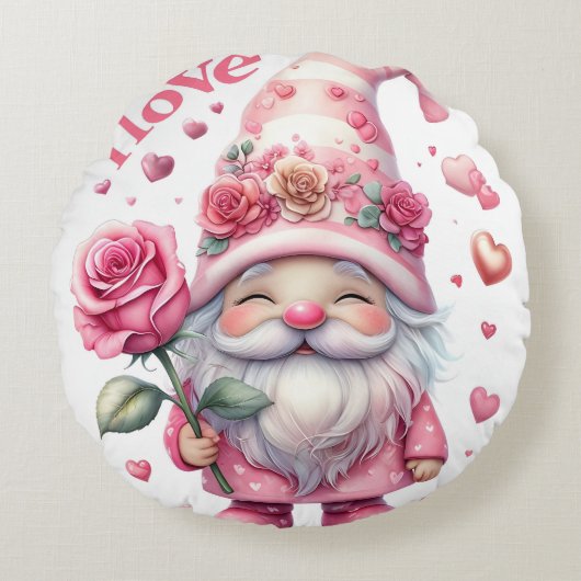 Smiling Gnome Holding a Pink Rose  ラウンドクッション (正面)
