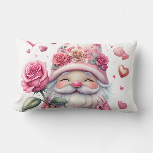 Smiling Gnome Holding a Pink Rose  ランバークッション (正面)