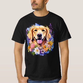 Smiling Golden Retriever Lavender Bouquet Tシャツ