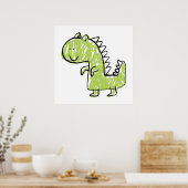 Smiling Green Dinosaur Doodle Baby kids room draw ポスター (キッチン)
