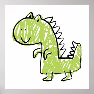 Smiling Green Dinosaur Doodle Baby kids room draw ポスター