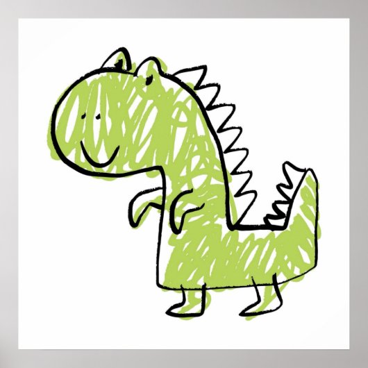 Smiling Green Dinosaur Doodle Baby kids room draw ポスター (正面)