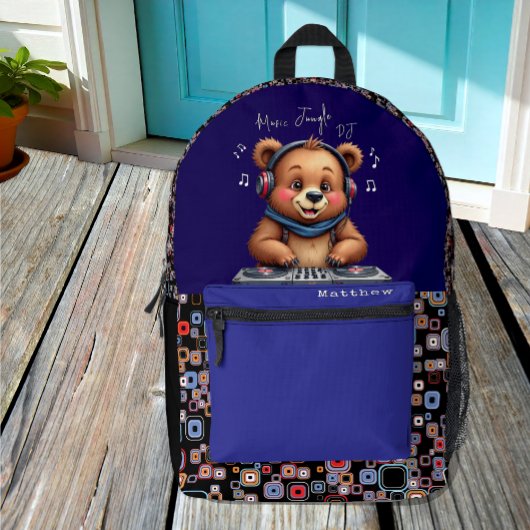 Smiling Grizzly Bear DJ、Happy Music Jungle プリントバックパック