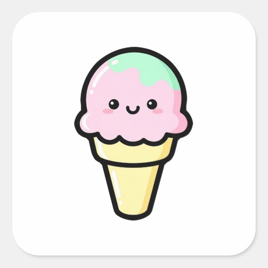 Smiling Ice Cream – Cute Kawaii Illustration スクエアシール (正面)