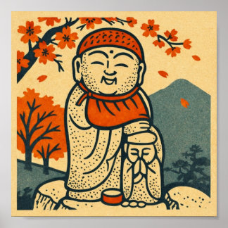 Smiling Jizo Guardian – Japanese Folk Art ポスター