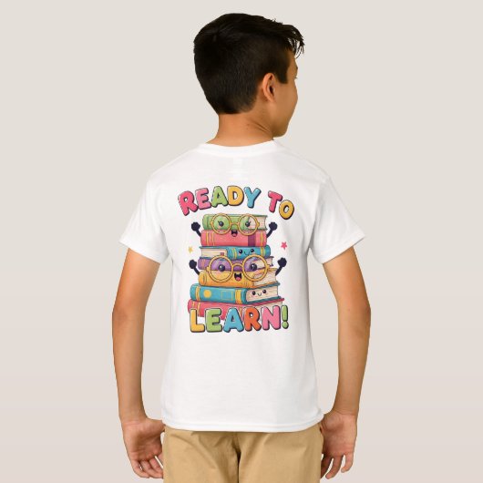 Smiling Kawaii Book Stack – Back to School Fun! Tシャツ (裏面フル)