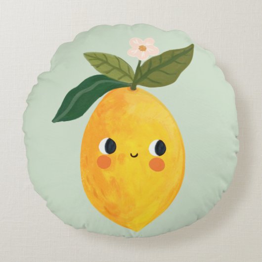 Smiling Lemon Pillow – Cute Fruit Nursery & Kids  ラウンドクッション (正面)