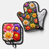 Smiling meow whimsical happy flower oven, mint and 鍋つかみ&鍋敷きセット (正面/裏面)