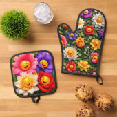 Smiling meow whimsical happy flower oven, mint and 鍋つかみ&鍋敷きセット (トップダウン)