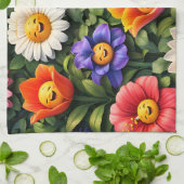 Smiling meow whimsical happy flower tea キッチンタオル (折り畳み)