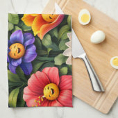 Smiling meow whimsical happy flower tea キッチンタオル (四つ折り)