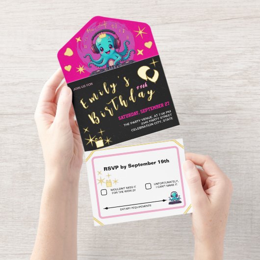 Smiling Octopus DJ, Happy Musicパーティー/誕生日 オールインワン招待状 (切り取り部)