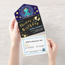 Smiling Octopus DJ, Happy Music Jungle /誕生日 オールインワン招待状