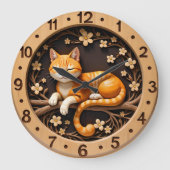 Smiling Orange Tabby Cat Spring ラージ壁時計 (正面)