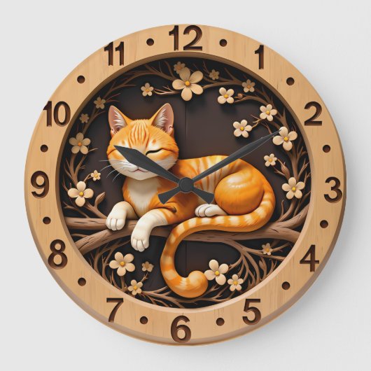 Smiling Orange Tabby Cat Spring ラージ壁時計 (正面)