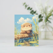 Smiling Otter on Sunny River Log ポストカード (スタンド正面)