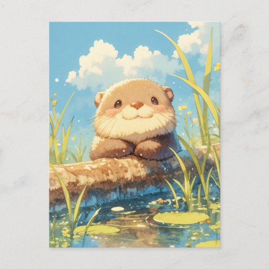 Smiling Otter on Sunny River Log ポストカード (正面)